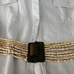 Vintage Stretch Beaded Belt w/ Wood Buckle – 2.5" Wide Boho Y2K Festival
